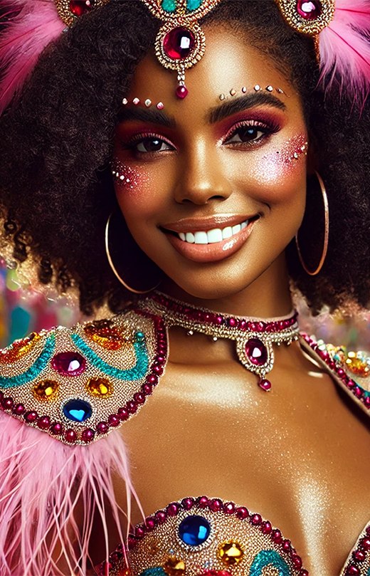 A carnival glam look with bright colour, gems and feathers