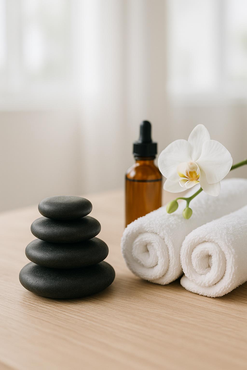 Hot stones, warm massage oil and fresh rolled towels set out in the studio