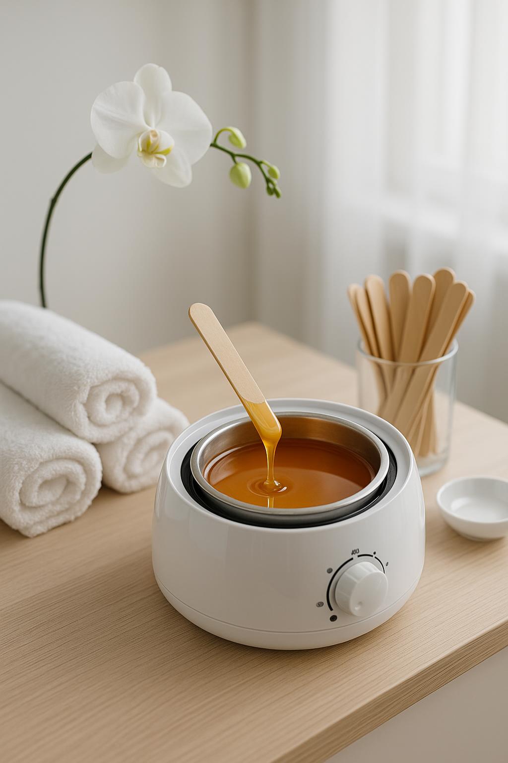 A clean, professional waxing station with warm wax, spatulas and fresh towels